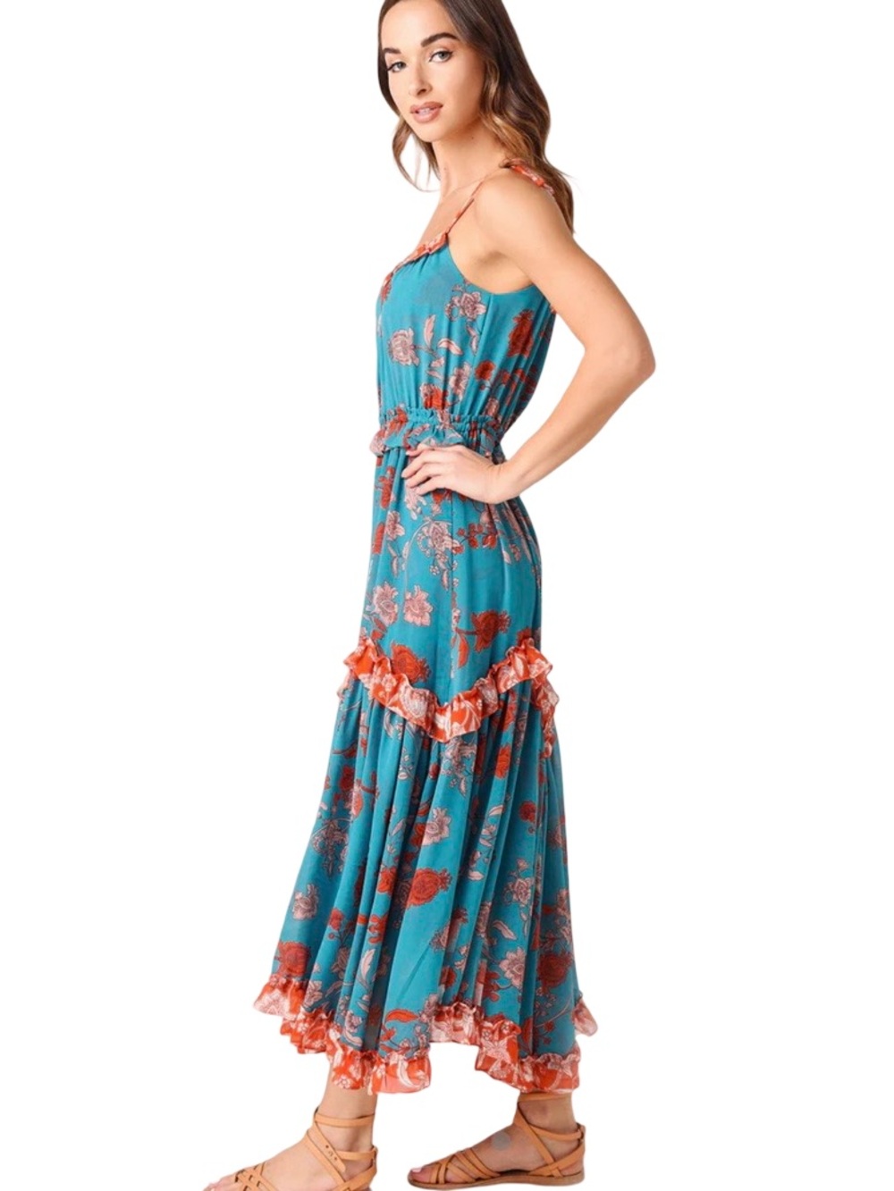 Misa Women's Teal Floral Ruffle Floral Nati Maxi Dress Size XS - Picture 3 of 9